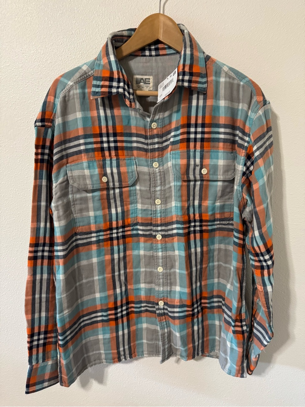 American Eagle Outfitters Plaid Long Sleeve Button Up Shit Gray Orange NWT-M